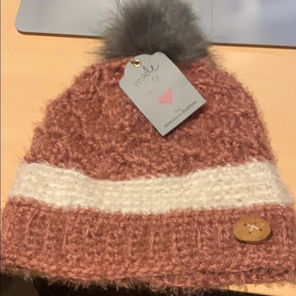 Pink and White Knit Hat with Button